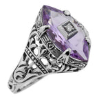 Filigree, Amethyst, Diamond, sterling silver rings, front view