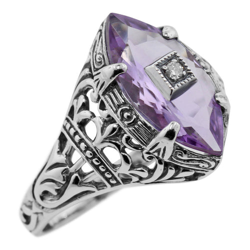 Filigree, Amethyst, Diamond, sterling silver rings, front view