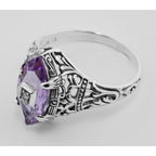 Detail view of Amethyst Filigree Ring w/ Diamond highlighting Amethyst, Diamond