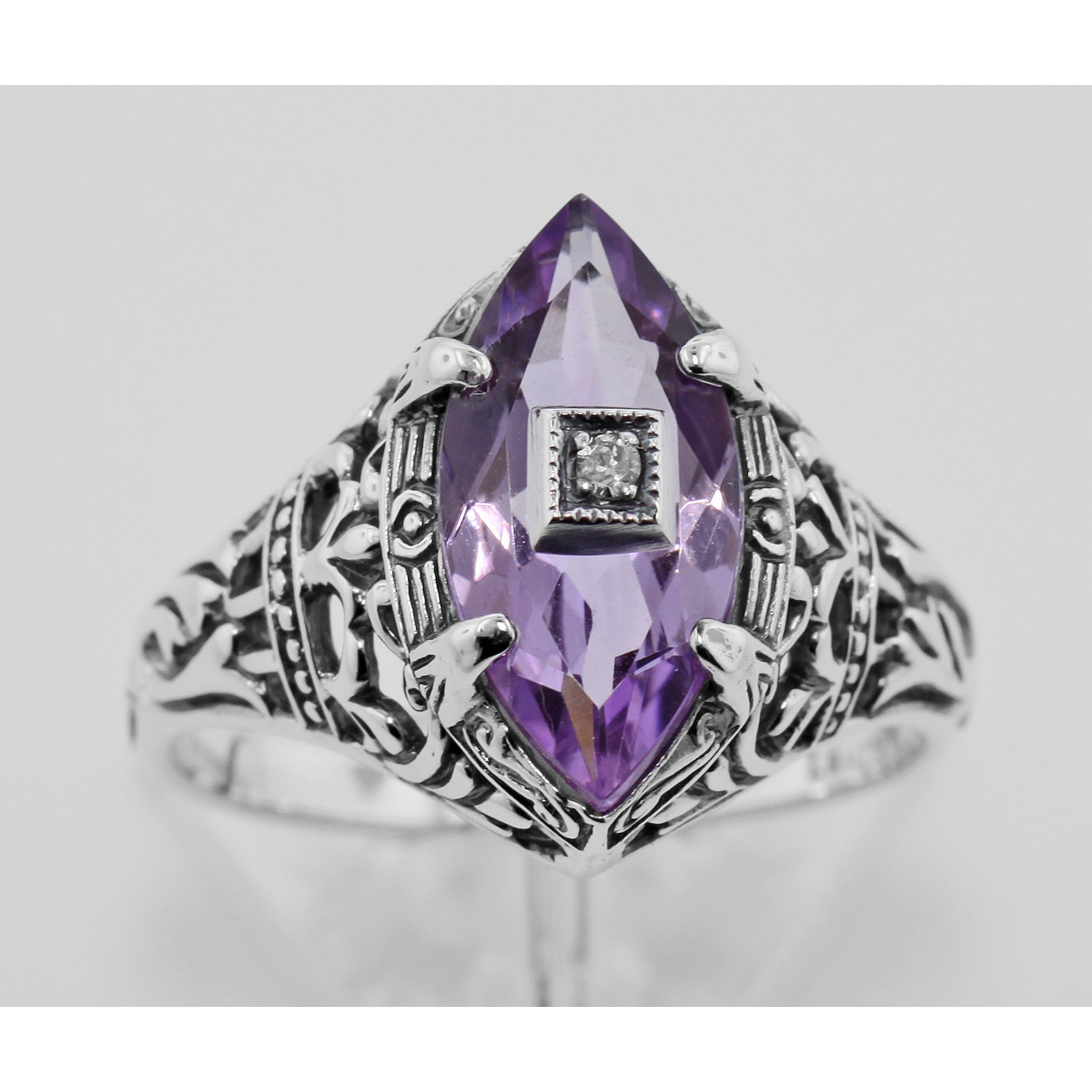 Back view of Amethyst Filigree Ring w/ Diamond showing 925 sterling silver hallmark