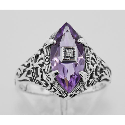 Back view of Amethyst Filigree Ring w/ Diamond showing 925 sterling silver hallmark