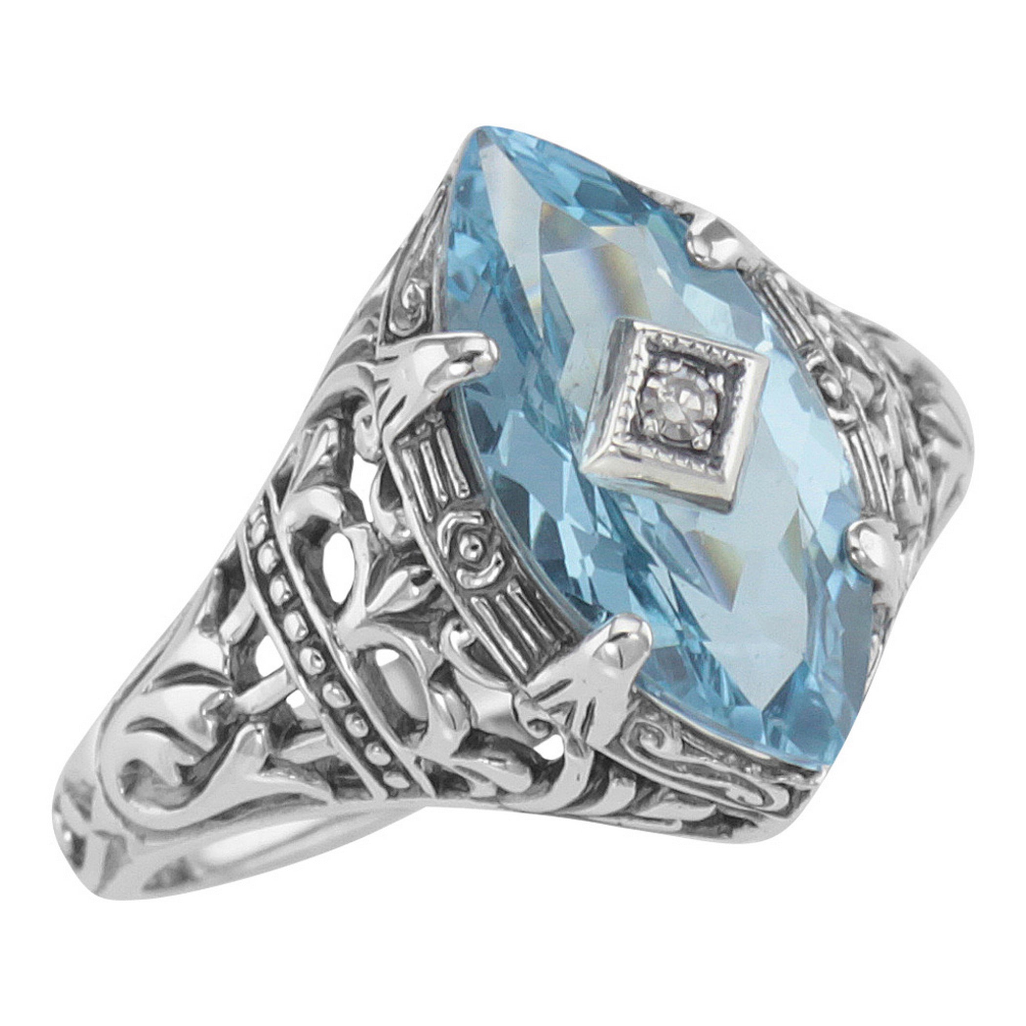 Filigree, Blue Topaz, Diamond, sterling silver rings, front view