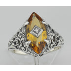 Detail view of Antique Victorian Style Citrine Filigree Ring w/ Diamond highlighting Citrine, Diamond