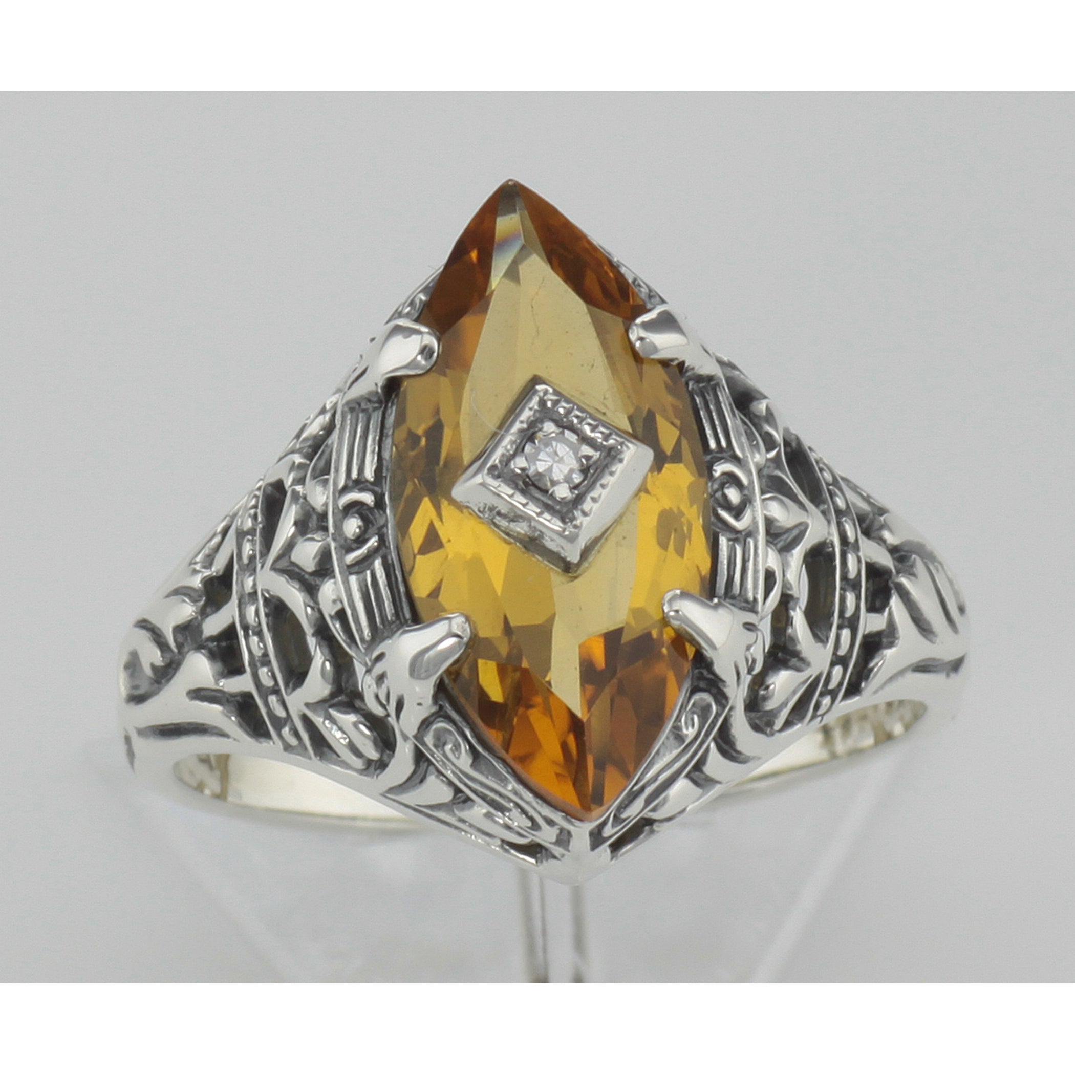 Detail view of Antique Victorian Style Citrine Filigree Ring w/ Diamond highlighting Citrine, Diamond
