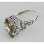 Back view of Antique Victorian Style Citrine Filigree Ring w/ Diamond showing 925 sterling silver hallmark