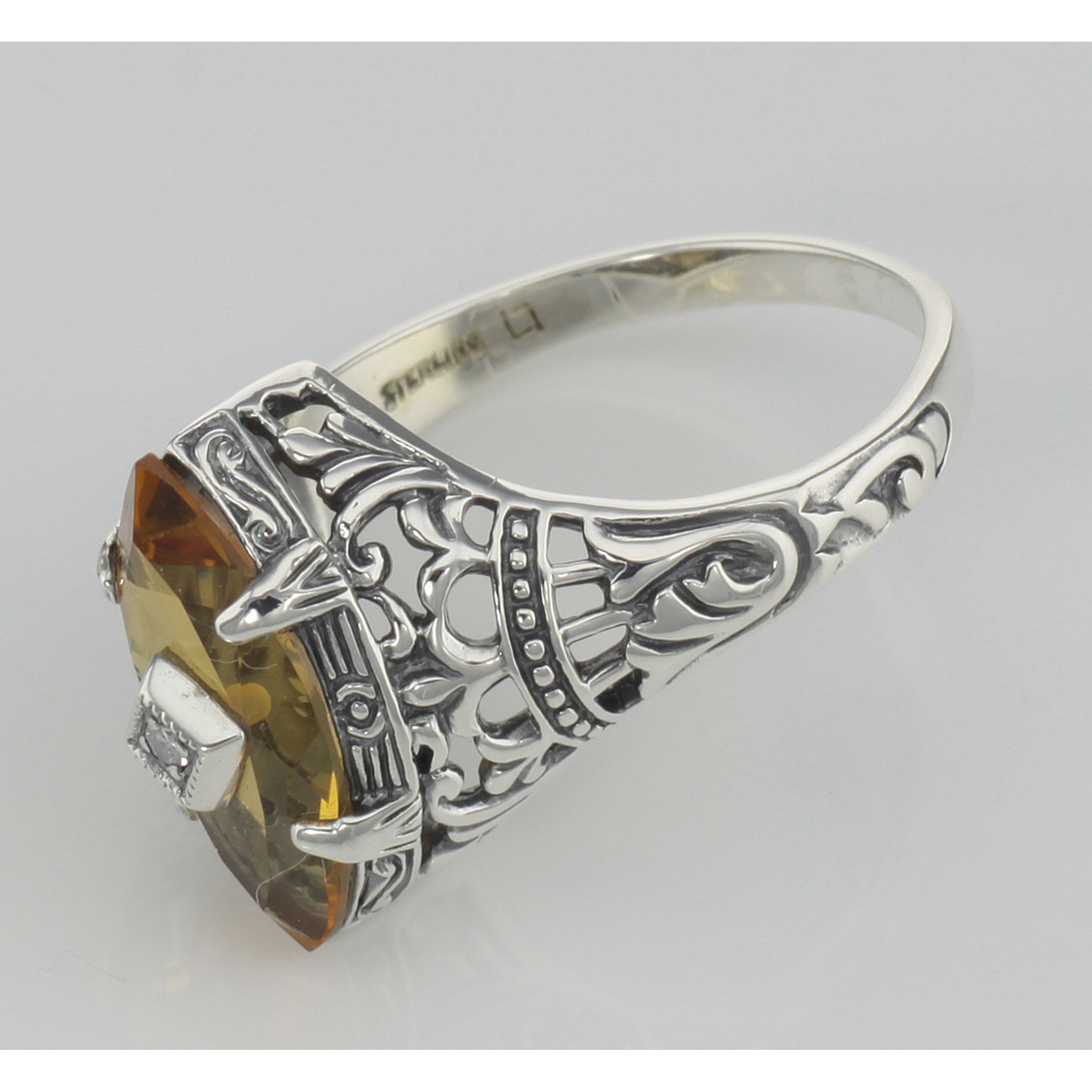 Back view of Antique Victorian Style Citrine Filigree Ring w/ Diamond showing 925 sterling silver hallmark