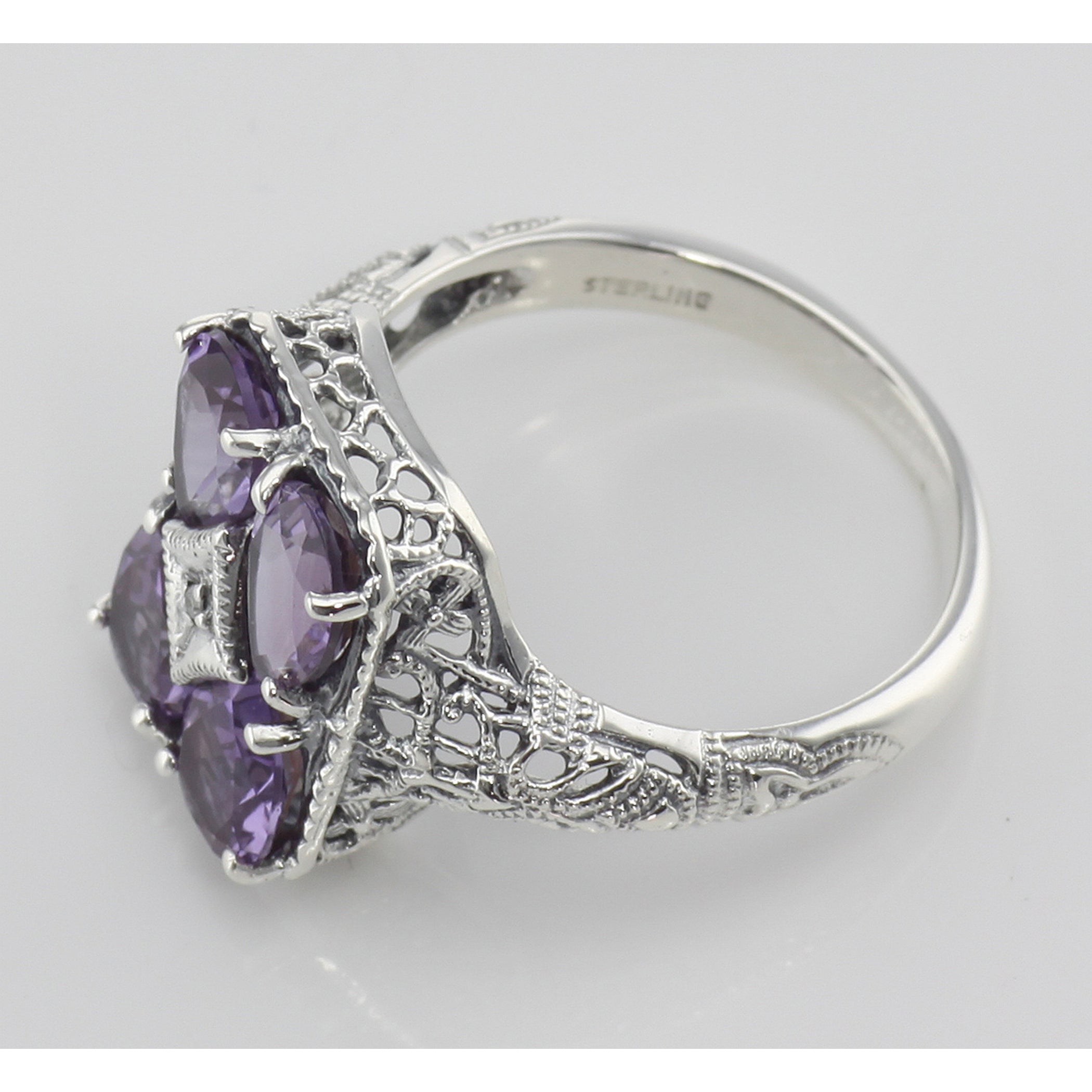 Back view of Four Stone Amethyst Filigree Ring showing 925 sterling silver hallmark