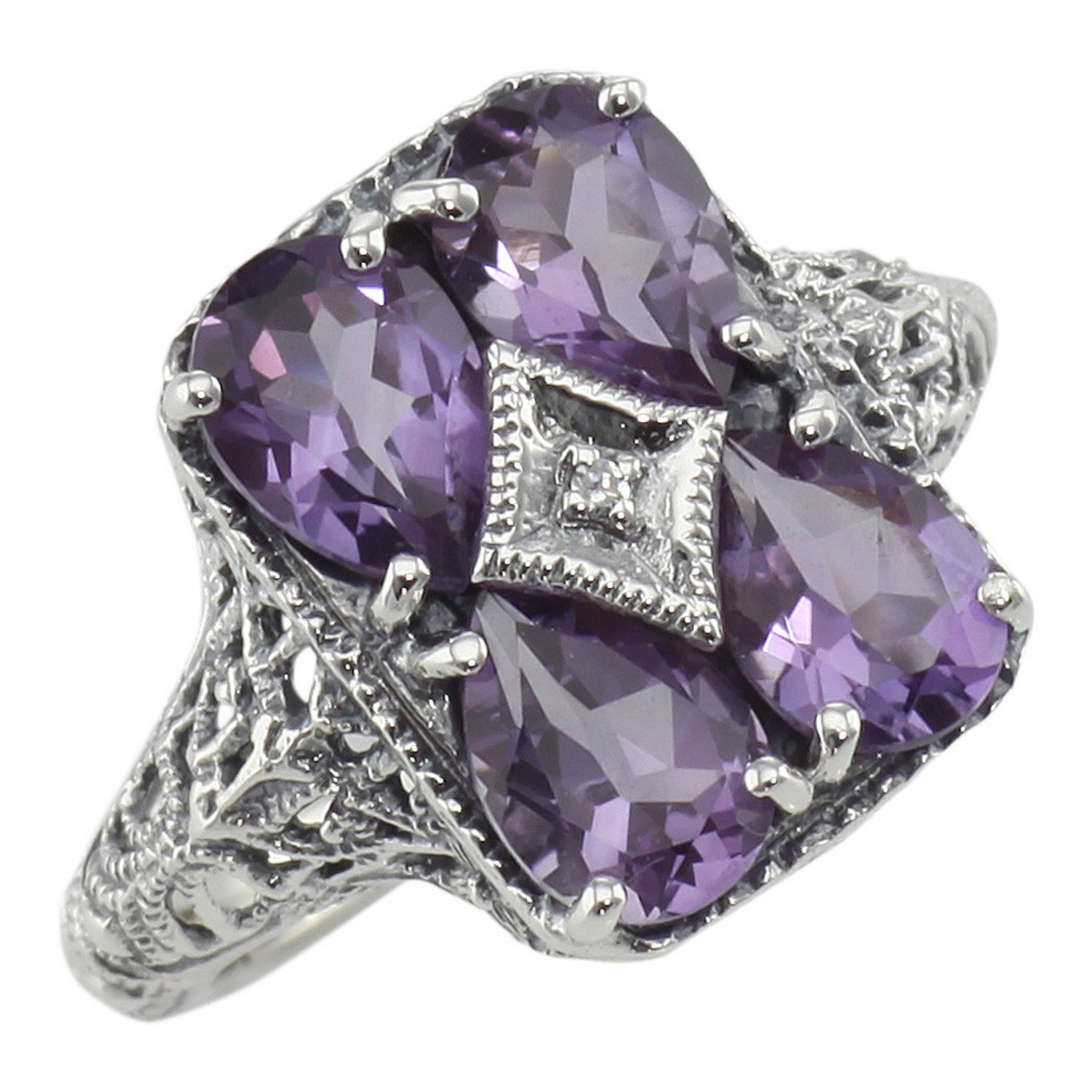 Filigree, Amethyst, sterling silver rings, front view
