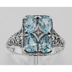 Back view of Art Deco Blue Topaz with Diamond Filigree Ring showing 925 sterling silver hallmark