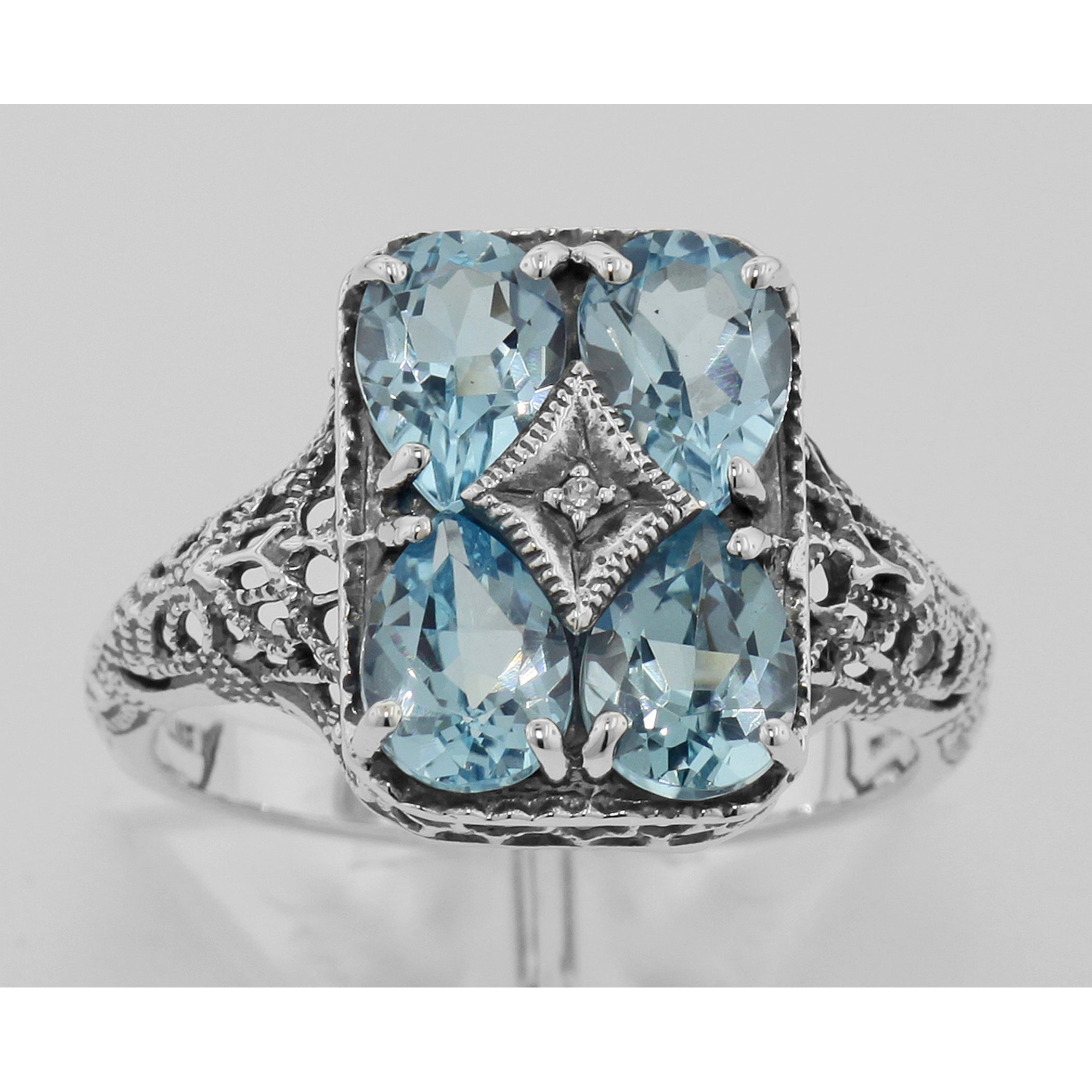 Back view of Art Deco Blue Topaz with Diamond Filigree Ring showing 925 sterling silver hallmark