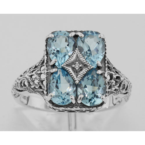 Back view of Art Deco Blue Topaz with Diamond Filigree Ring showing 925 sterling silver hallmark