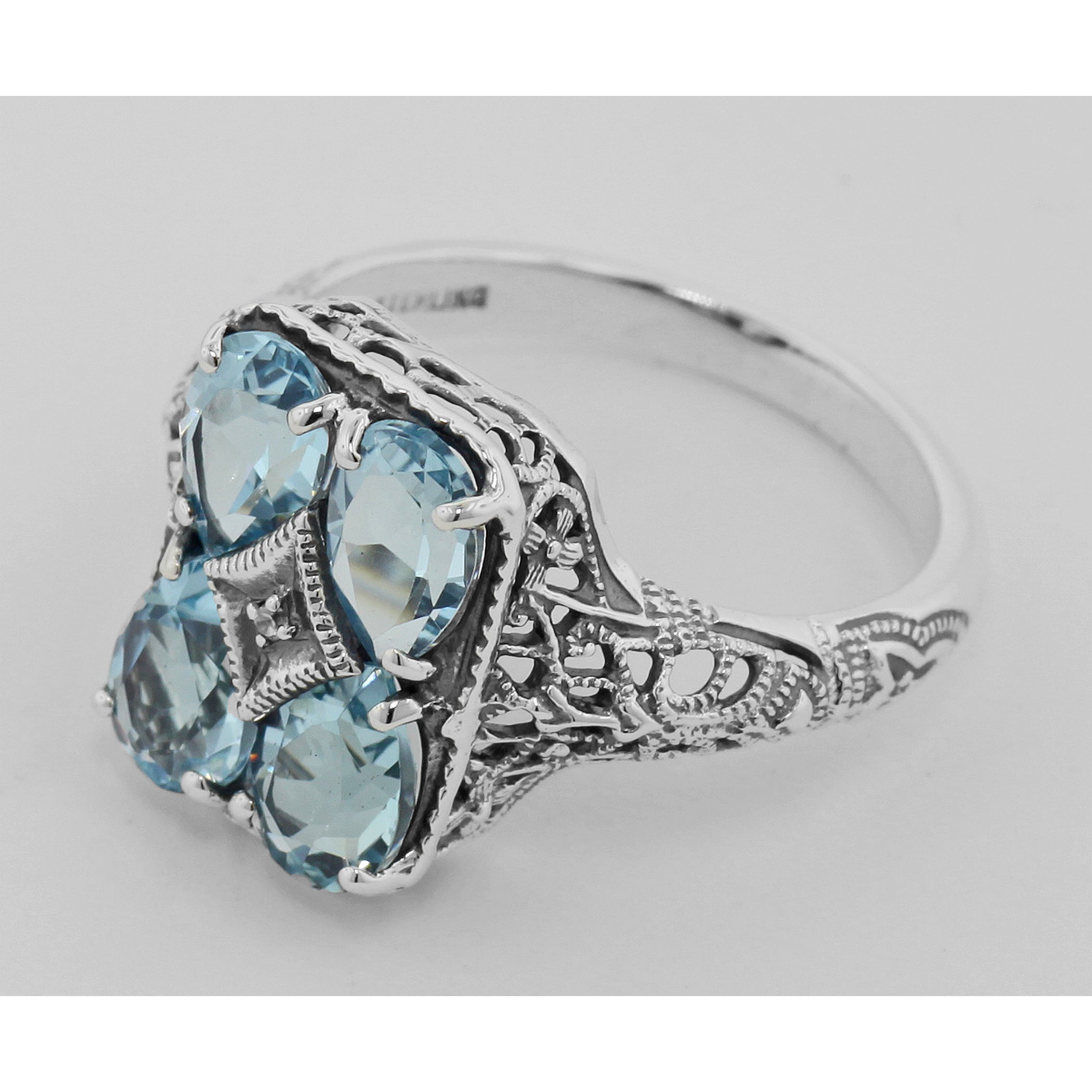 Detail view of Art Deco Blue Topaz with Diamond Filigree Ring highlighting Blue Topaz, Diamond