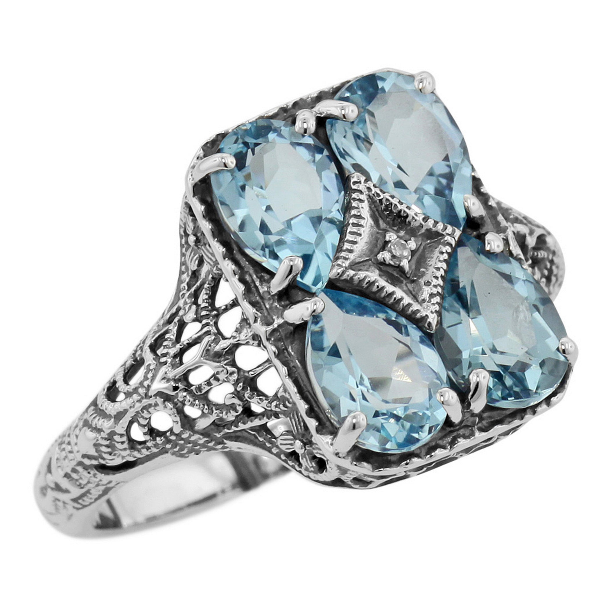 Art Deco style, Blue Topaz, Diamond, sterling silver rings, front view