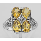Detail view of Art Deco 4 Stone Genuine Citrine and Diamond Filigree Ring Sterling Silver highlighting Citrine, Diamond