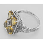 Back view of Art Deco 4 Stone Genuine Citrine and Diamond Filigree Ring Sterling Silver showing 925 sterling silver hallmark