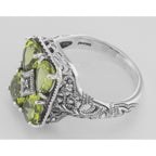 Back view of Four Stone Genuine Peridot and Diamond Filigree Ring showing 925 sterling silver hallmark