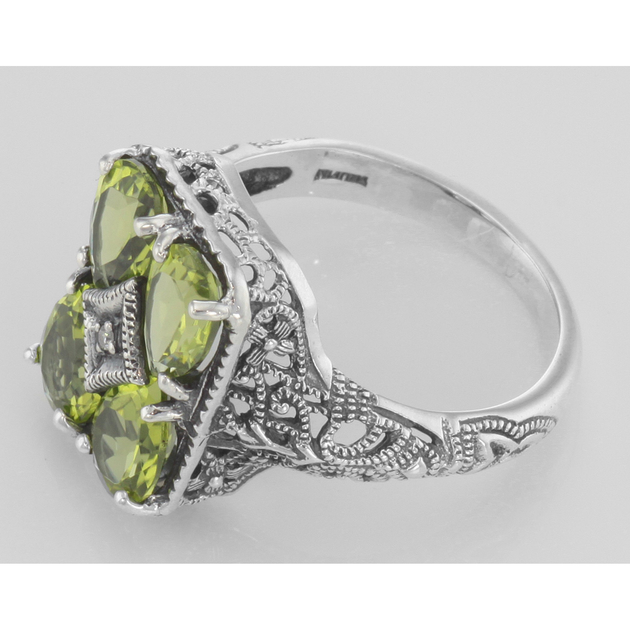 Back view of Four Stone Genuine Peridot and Diamond Filigree Ring showing 925 sterling silver hallmark