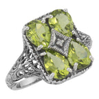 Filigree, Diamond, Peridot, sterling silver rings, front view