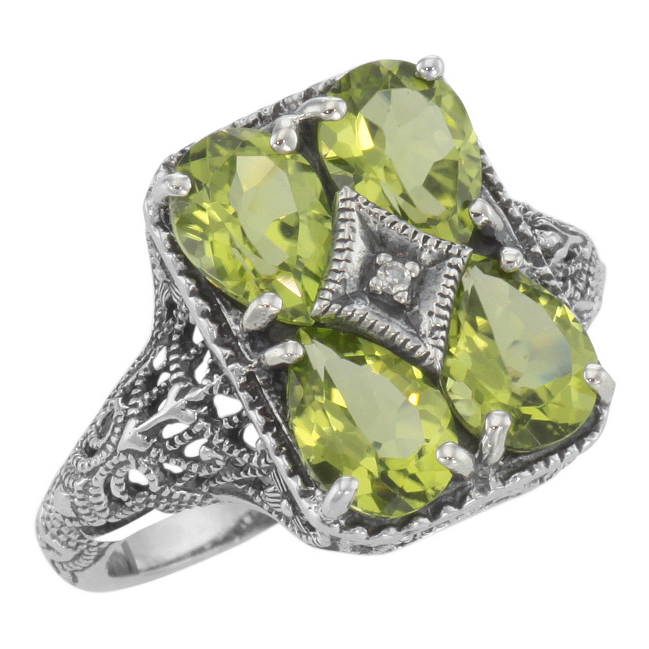 Filigree, Diamond, Peridot, sterling silver rings, front view