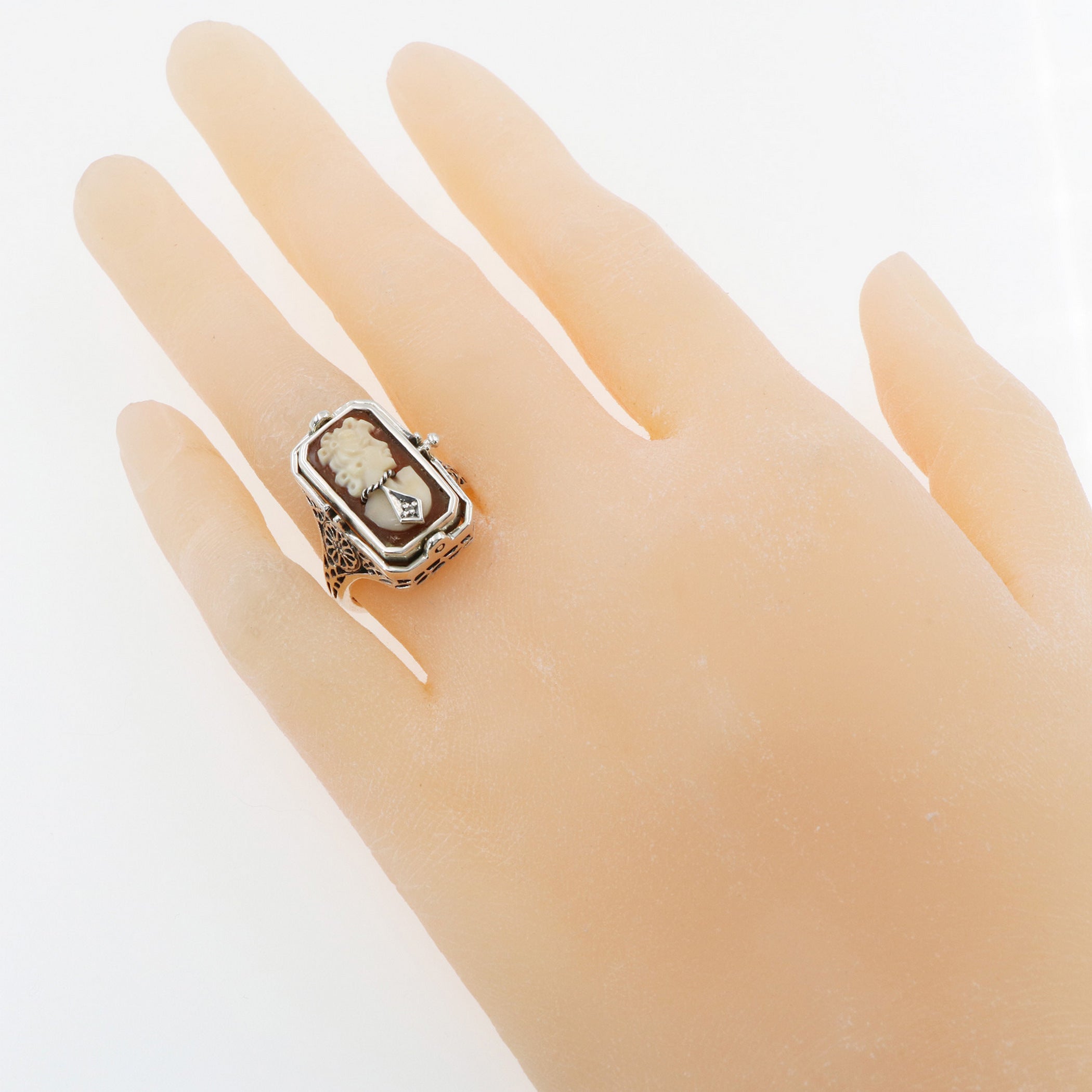 Detail view of Cameo / Onyx w/ Diamonds Filigree Wagon Wheel Flip Ring highlighting Diamond, Onyx