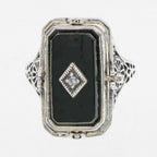 Detail view of Cameo / Onyx w/ Diamonds Filigree Wagon Wheel Flip Ring highlighting Diamond, Onyx