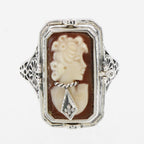 Detail view of Cameo / Onyx w/ Diamonds Filigree Wagon Wheel Flip Ring highlighting Diamond, Onyx