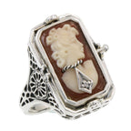Filigree, Diamond, Onyx, sterling silver rings, front view