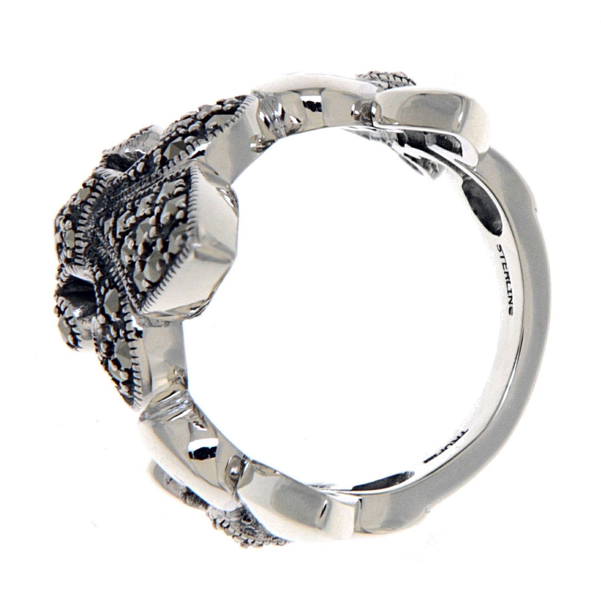 Detail view of Beautiful Victorian Style Marcasite Fleur de Lis Ring highlighting Marcasite