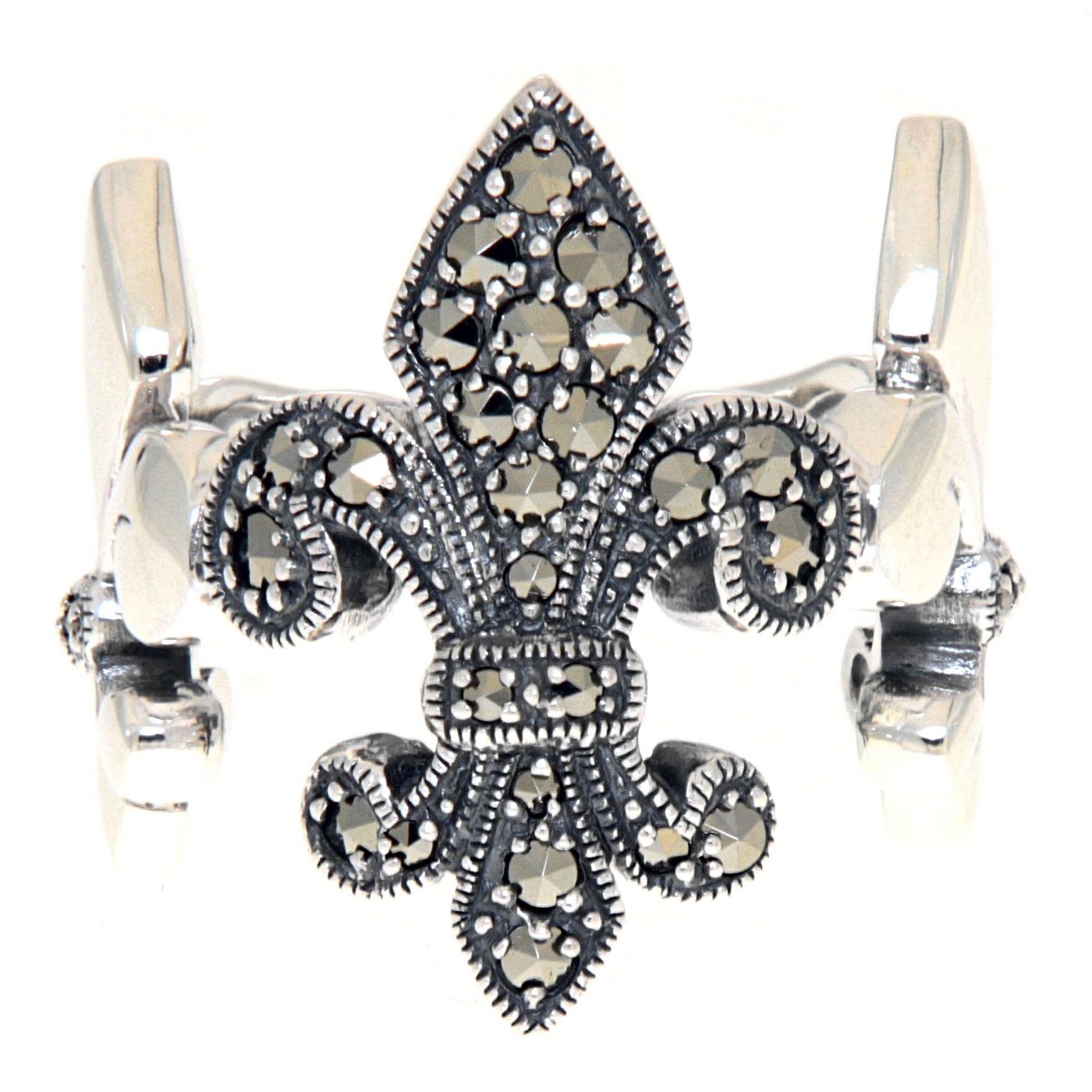 Back view of Beautiful Victorian Style Marcasite Fleur de Lis Ring showing 925 sterling silver hallmark