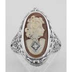 Detail view of Cameo / Onyx w/ Diamonds Filigree Flip Ring - Sterling highlighting Diamond, Onyx
