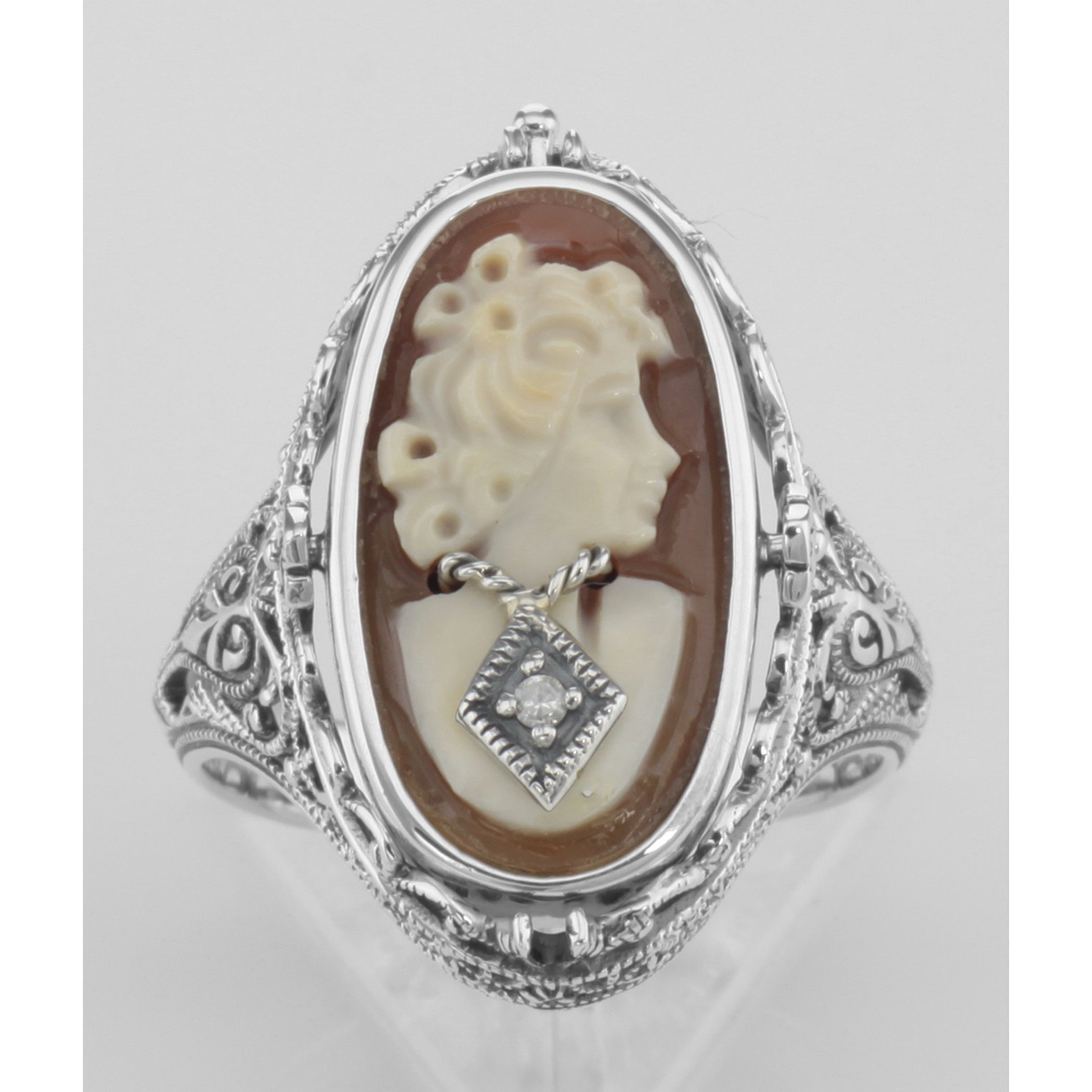 Detail view of Cameo / Onyx w/ Diamonds Filigree Flip Ring - Sterling highlighting Diamond, Onyx