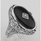 Detail view of Cameo / Onyx w/ Diamonds Filigree Flip Ring - Sterling highlighting Diamond, Onyx