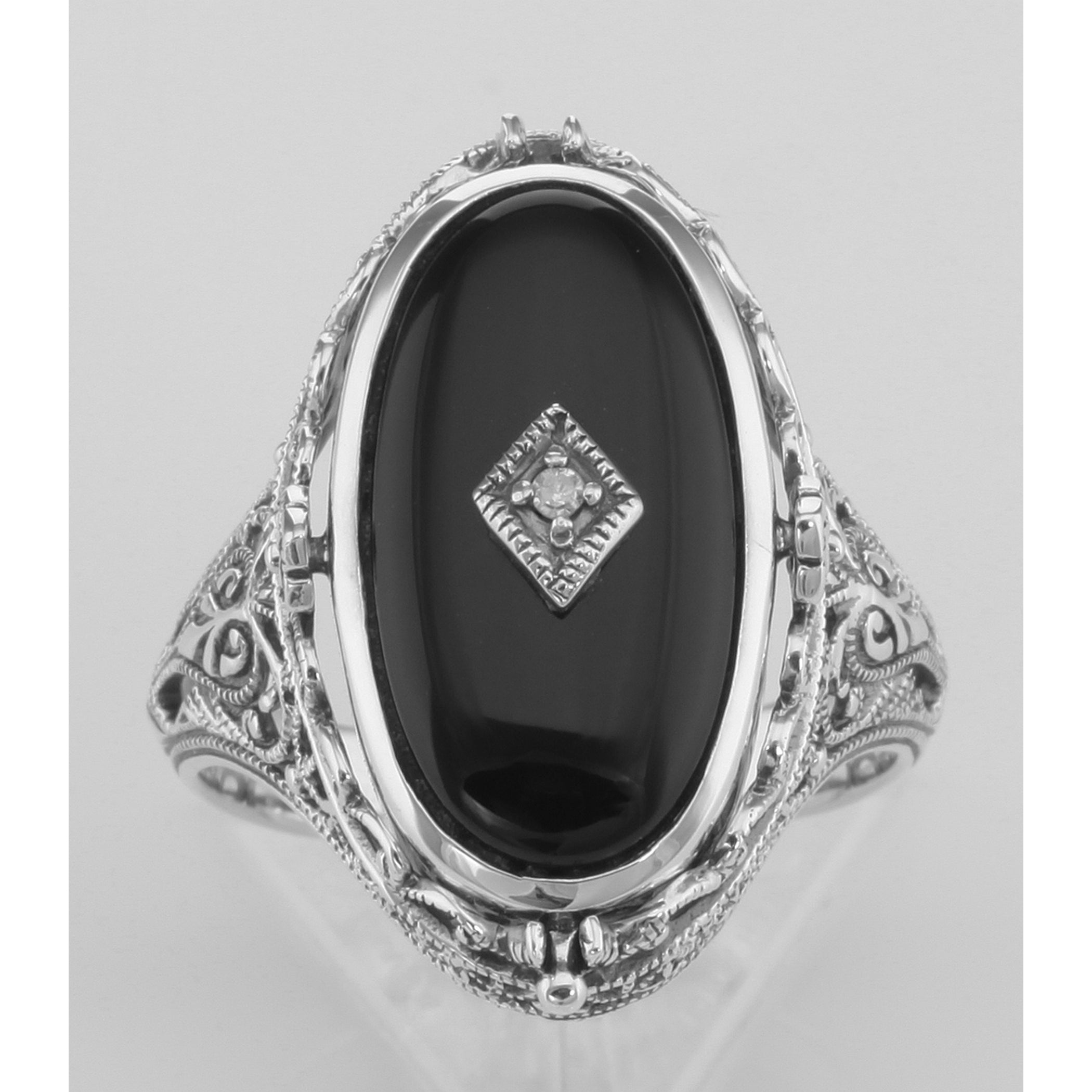 Back view of Cameo / Onyx w/ Diamonds Filigree Flip Ring - Sterling showing 925 sterling silver hallmark