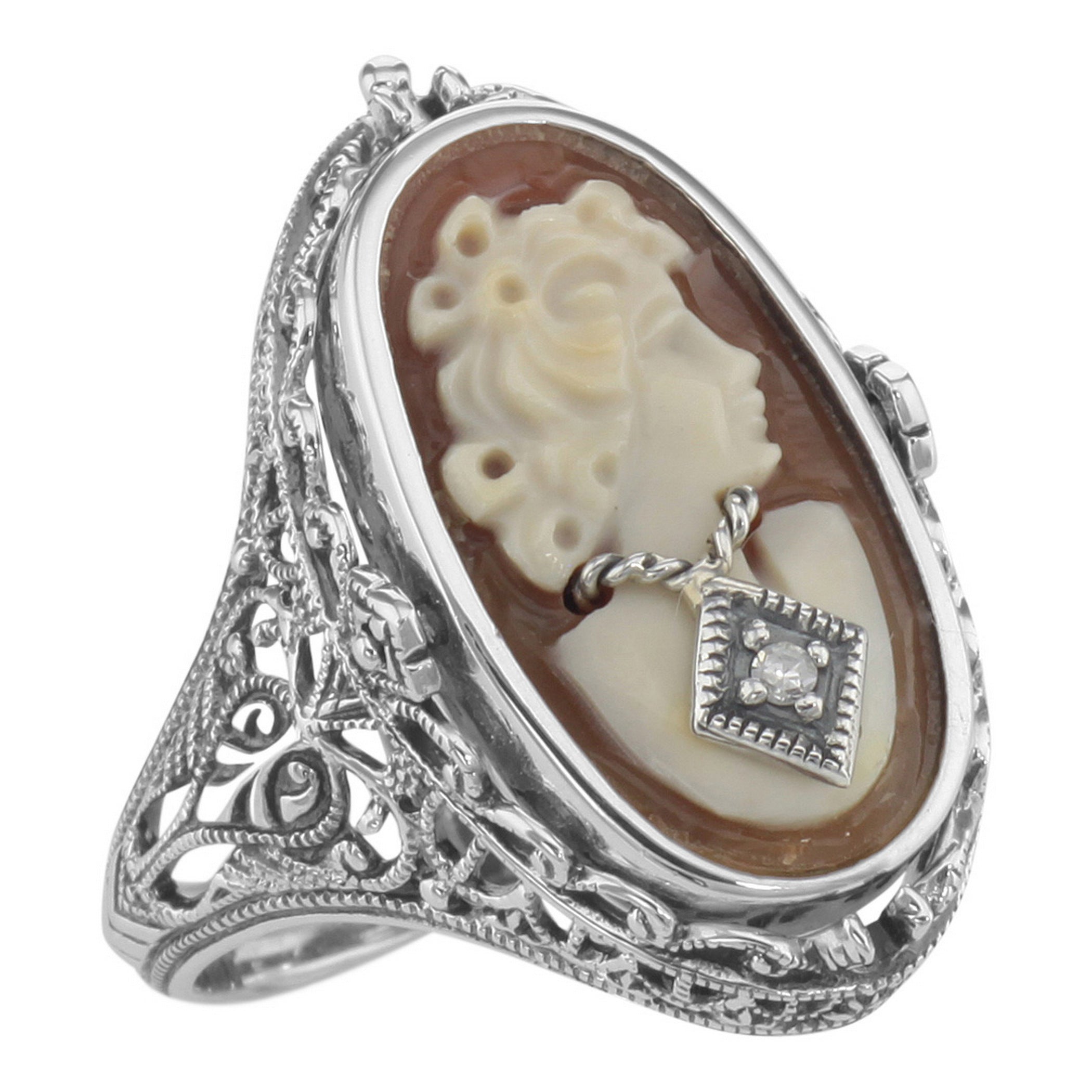 Filigree, Diamond, Onyx, sterling silver rings, front view