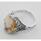 Detail view of Hand Carved Italian Shell Cameo w/ Diamond Necklace Ring highlighting Diamond