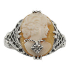 Back view of Hand Carved Italian Shell Cameo w/ Diamond Necklace Ring showing 925 sterling silver hallmark and spring ring cl