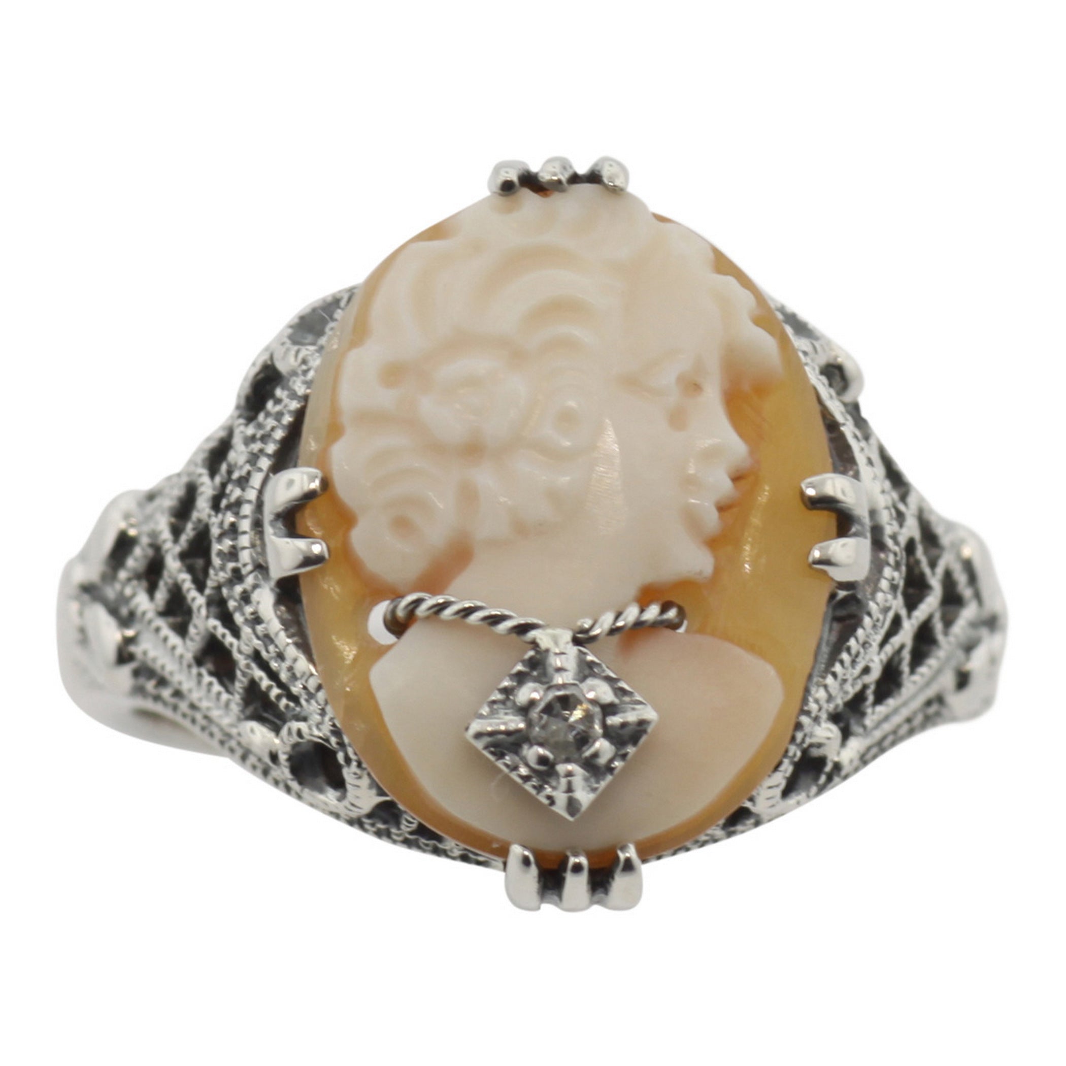Back view of Hand Carved Italian Shell Cameo w/ Diamond Necklace Ring showing 925 sterling silver hallmark and spring ring cl