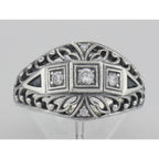 Detail view of Art Deco Style CZ / Genuine Blue Sapphire Filigree Ring Sterling Silver highlighting Sapphire, CZ