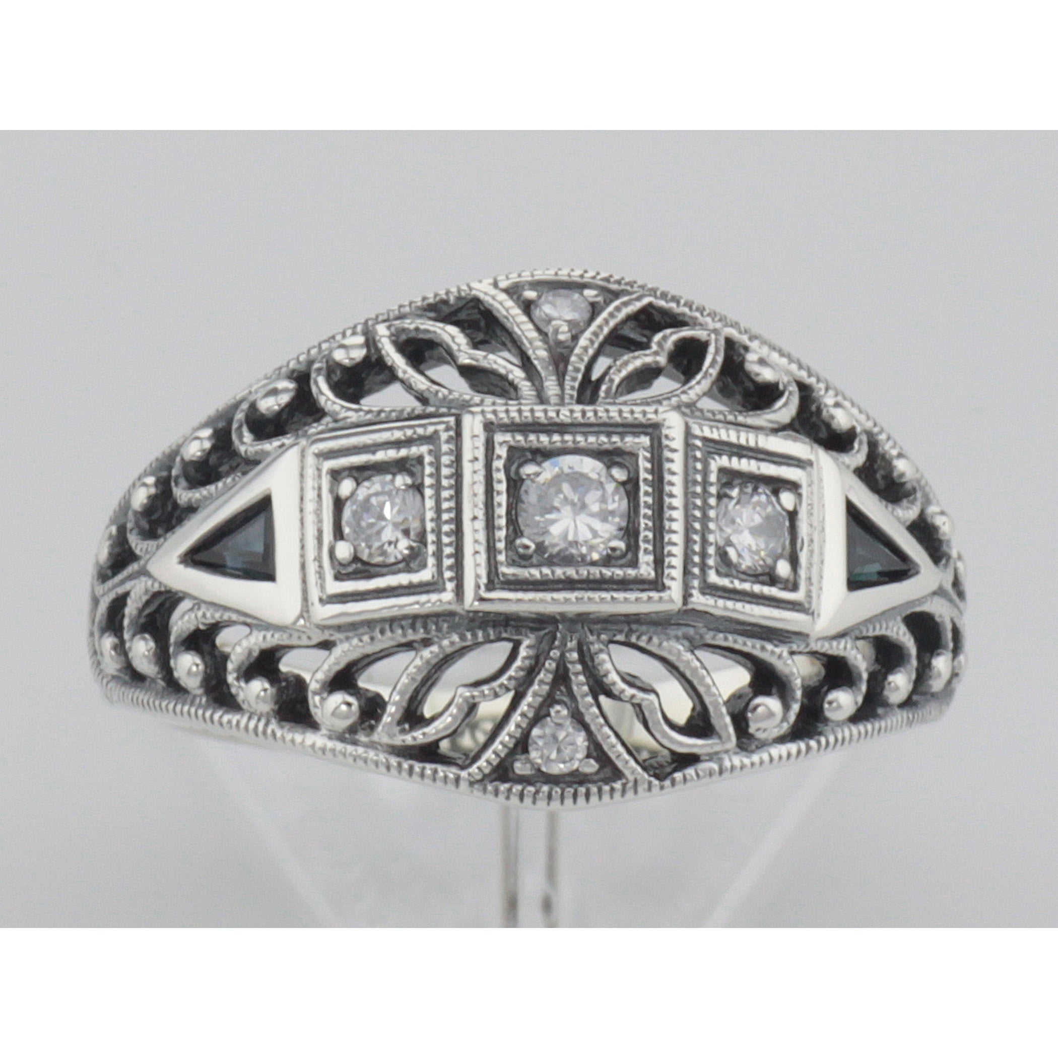 Detail view of Art Deco Style CZ / Genuine Blue Sapphire Filigree Ring Sterling Silver highlighting Sapphire, CZ