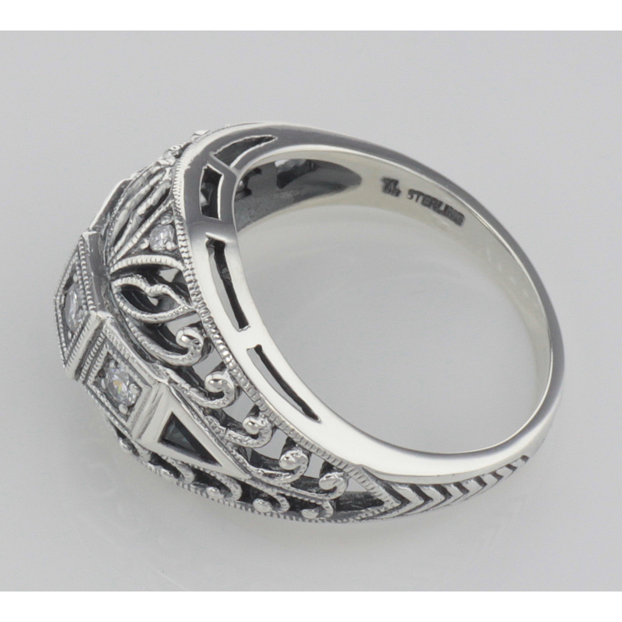 Back view of Art Deco Style CZ / Genuine Blue Sapphire Filigree Ring Sterling Silver showing 925 sterling silver hallmark