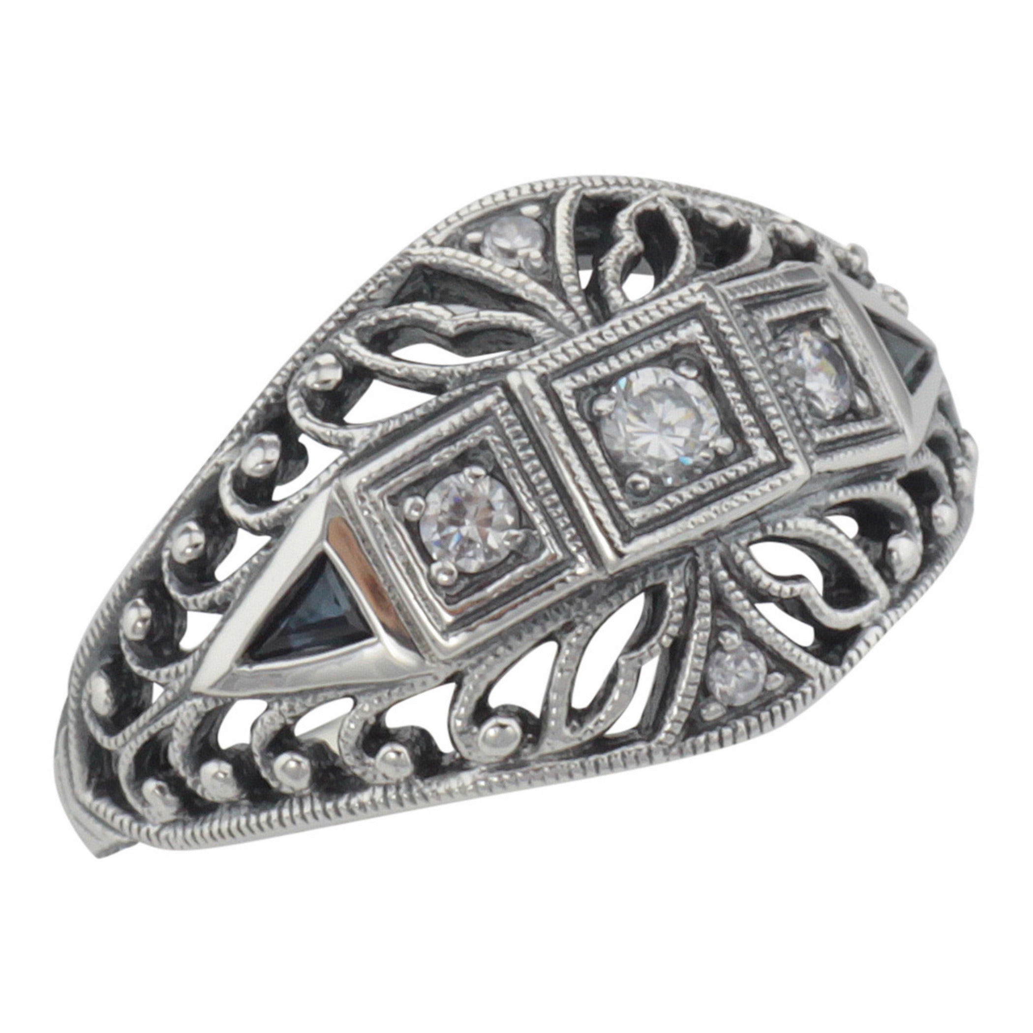 Art Deco style, Sapphire, CZ, sterling silver rings, front view