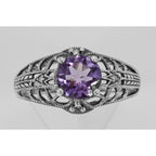 Detail view of Art Deco Style Amethyst Filigree Ring with Four Diamonds Sterling 925 highlighting Amethyst, Diamond