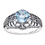 Detail view of Art Deco Style Blue Topaz Filigree Ring with Four Diamonds Sterling 925 highlighting Blue Topaz, Diamond