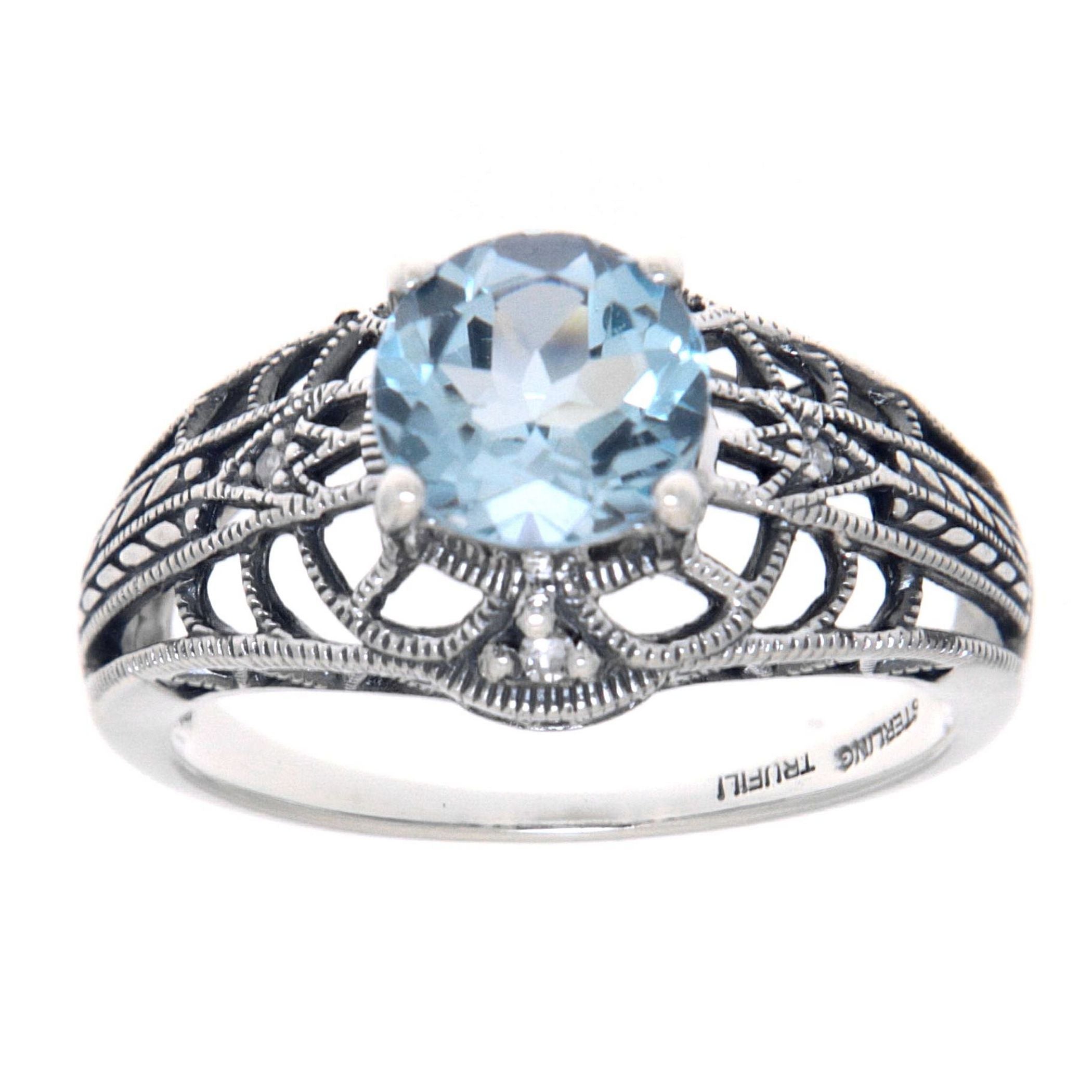 Detail view of Art Deco Style Blue Topaz Filigree Ring with Four Diamonds Sterling 925 highlighting Blue Topaz, Diamond