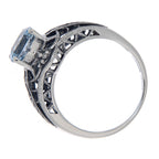 Back view of Art Deco Style Blue Topaz Filigree Ring with Four Diamonds Sterling 925 showing 925 sterling silver hallmark