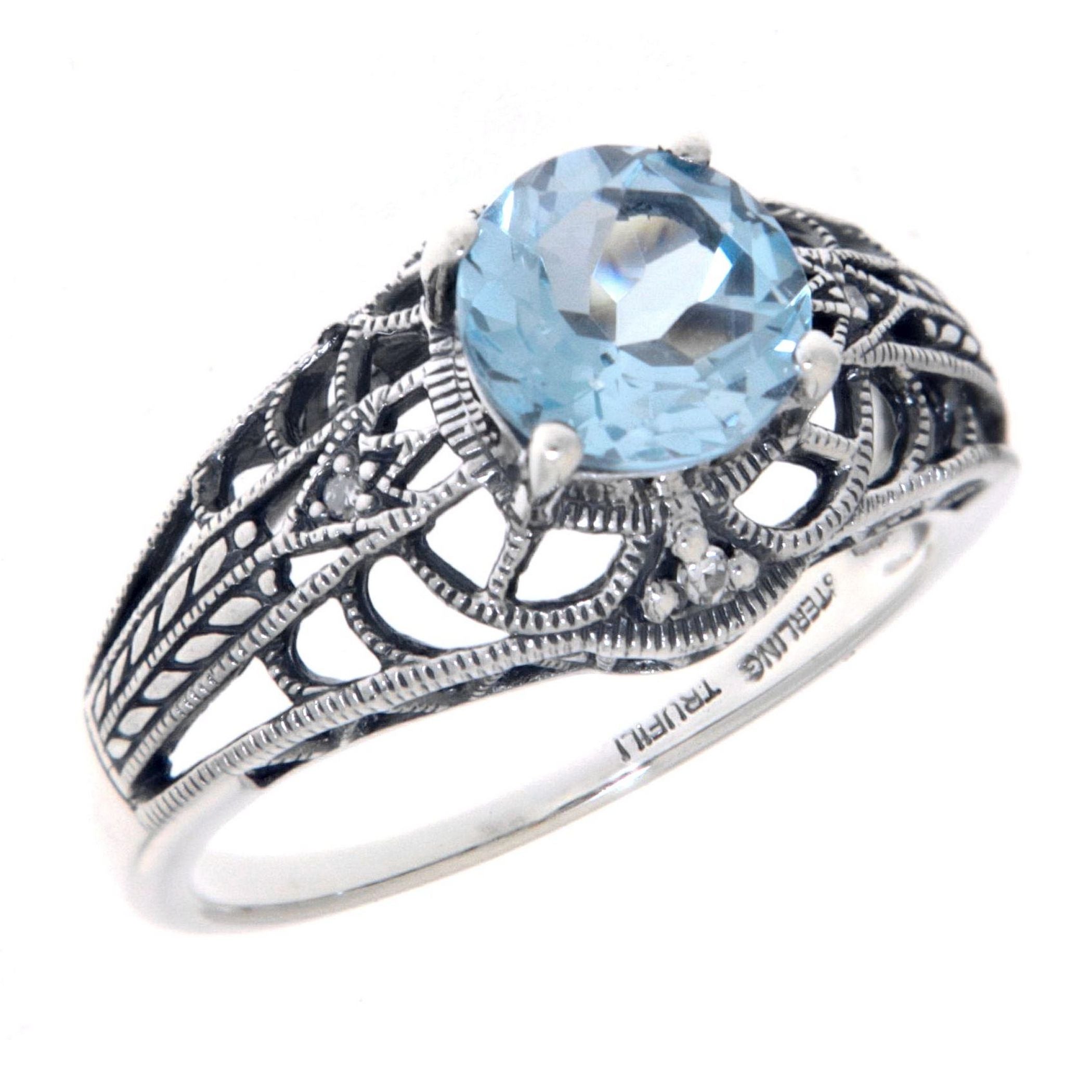 Art Deco style, Blue Topaz, Diamond, sterling silver rings, front view