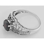 Back view of Art Deco Style Garnet Filigree Ring with Four Diamonds Sterling 925 showing 925 sterling silver hallmark