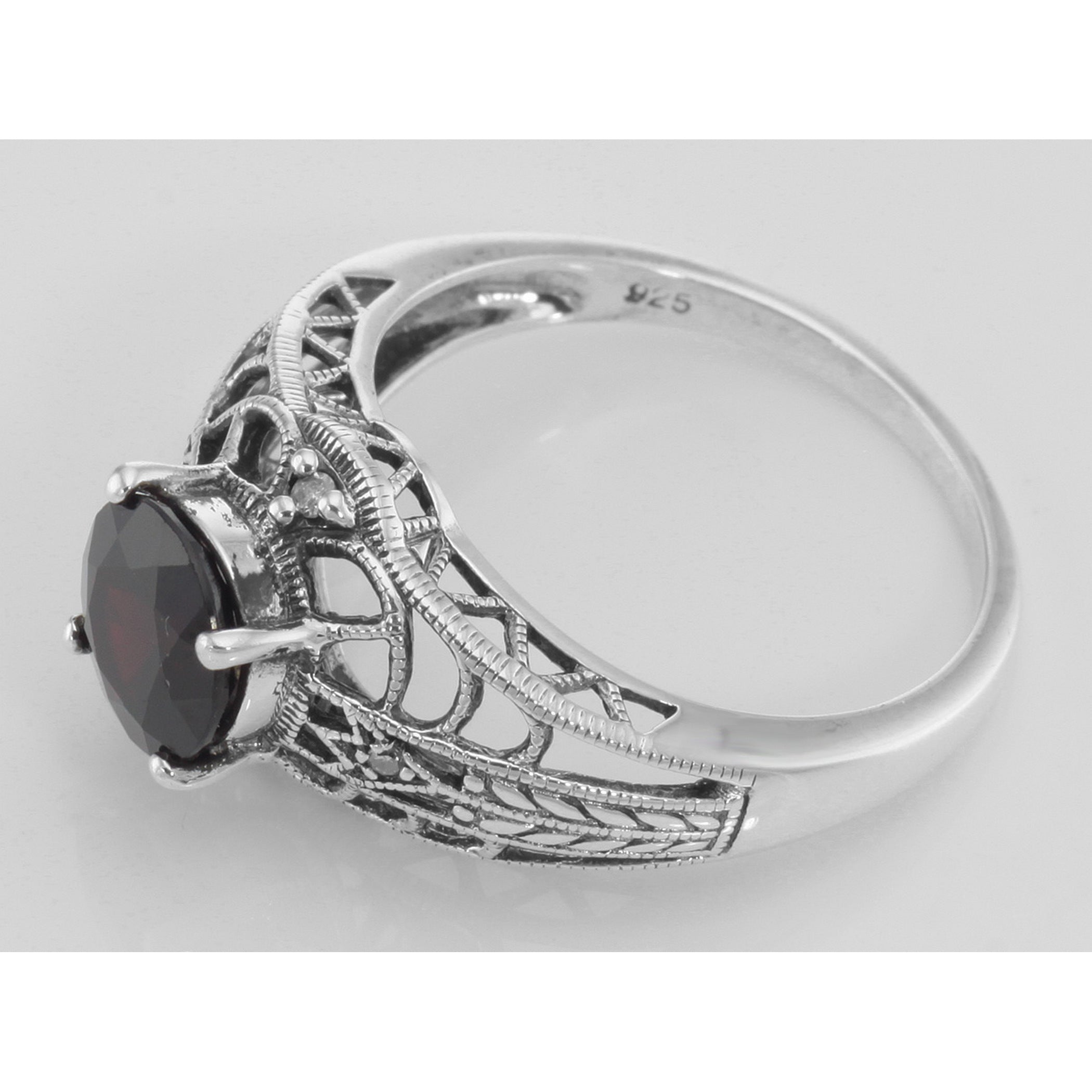 Back view of Art Deco Style Garnet Filigree Ring with Four Diamonds Sterling 925 showing 925 sterling silver hallmark