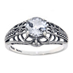 Detail view of Art Deco Style White Topaz Filigree Ring with Four Diamonds Sterling 925 highlighting White Topaz, Diamond
