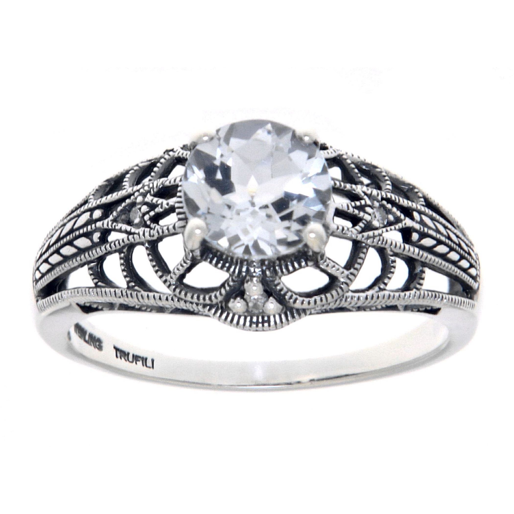 Detail view of Art Deco Style White Topaz Filigree Ring with Four Diamonds Sterling 925 highlighting White Topaz, Diamond
